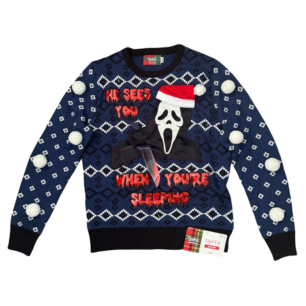 SPENCER’S • Ghost Face Festive Ugly Sweater Light-Up Scream Halloween Christmas
